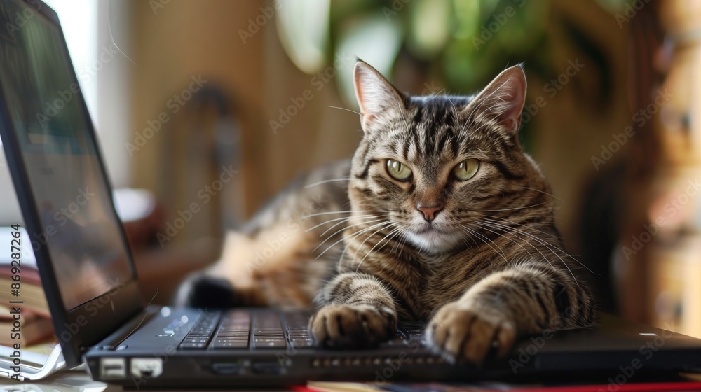 A smug cat sprawls on a laptop, thwarting its owner's work. The cat's content, the human frustrated. A smug cat sprawls on a laptop, thwarting its owner's work. The cat's content, the human frustrated.