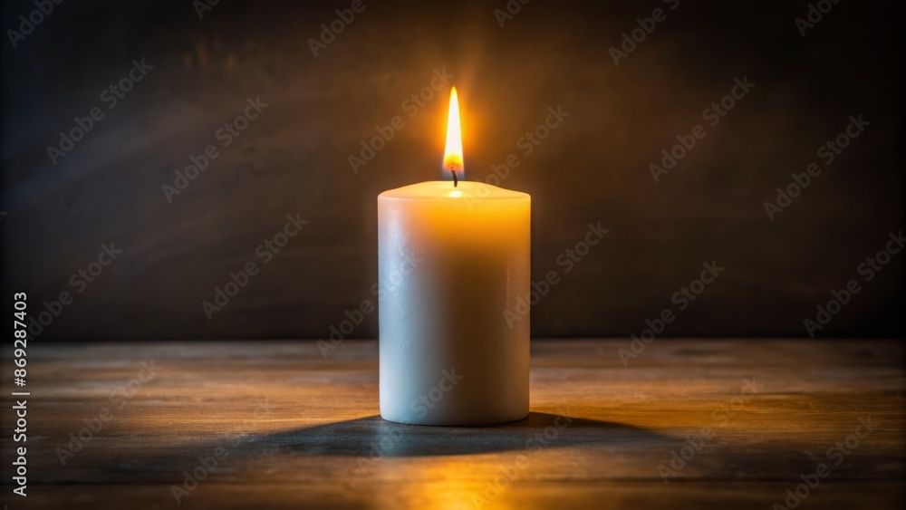 Serene ambiance of white candles lit in darkness, solitary flame in foreground, soft warm glow illuminates the surrounding shadows. Serene ambiance of white candles lit in darkness, solitary flame in foreground, soft warm glow illuminates the surrounding shadows.