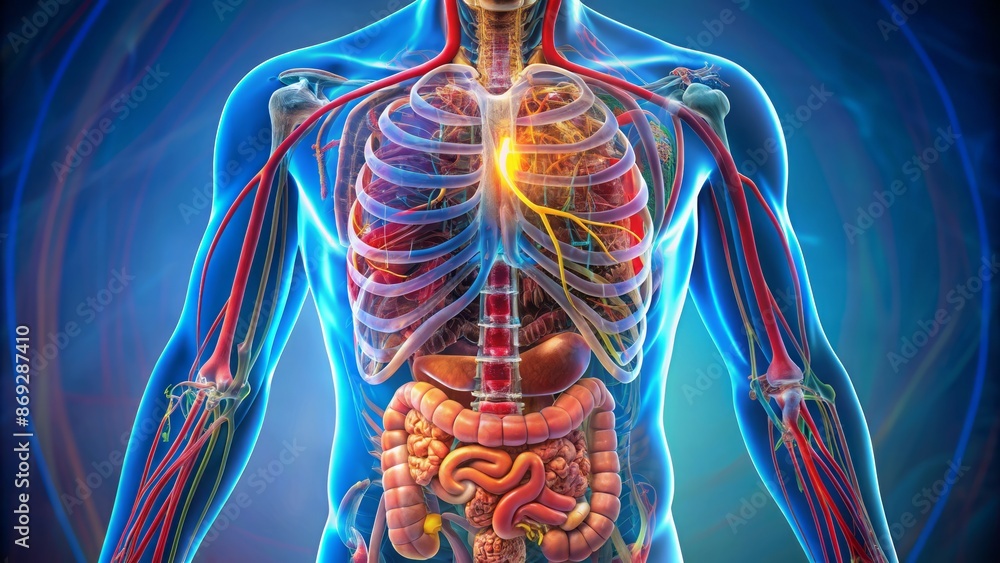 Colorful 3D illustration of the human digestive system showing stomach intestines and organs with detailed anatomy and internal structures. Colorful 3D illustration of the human digestive system showing stomach intestines and organs with detailed anatomy and internal structures.
