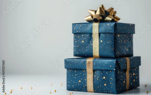 Two blue gift boxes with gold bows are stacked on white background. Decorated with gold ribbon and polka dots. Gold dots scattered on table photo