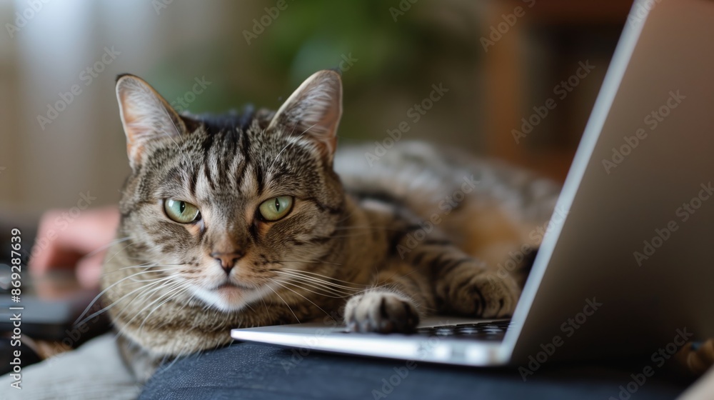 A smug cat lies on a laptop, frustrating its owner who tries to work. The cat seems indifferent. A smug cat lies on a laptop, frustrating its owner who tries to work. The cat seems indifferent.
