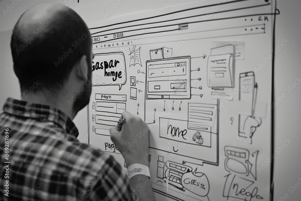 Man Drawing Website Interface on Whiteboard