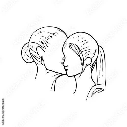 woman kissing girl on cheek, mother kissing daughter - hand drawn doodle