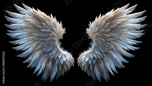 Glossy, snow-white, intricately feathered angel wings, spread wide, against a mysterious, dark, black background, evoking purity and celestial wonder.