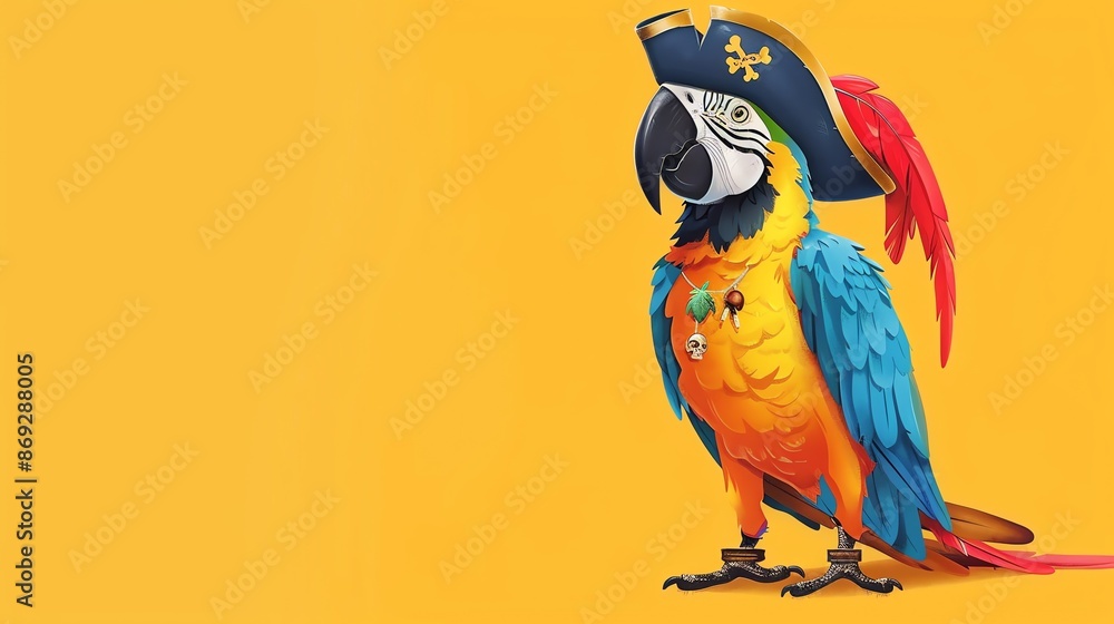 Naklejka premium A colorful cartoon parrot wearing a pirate hat.