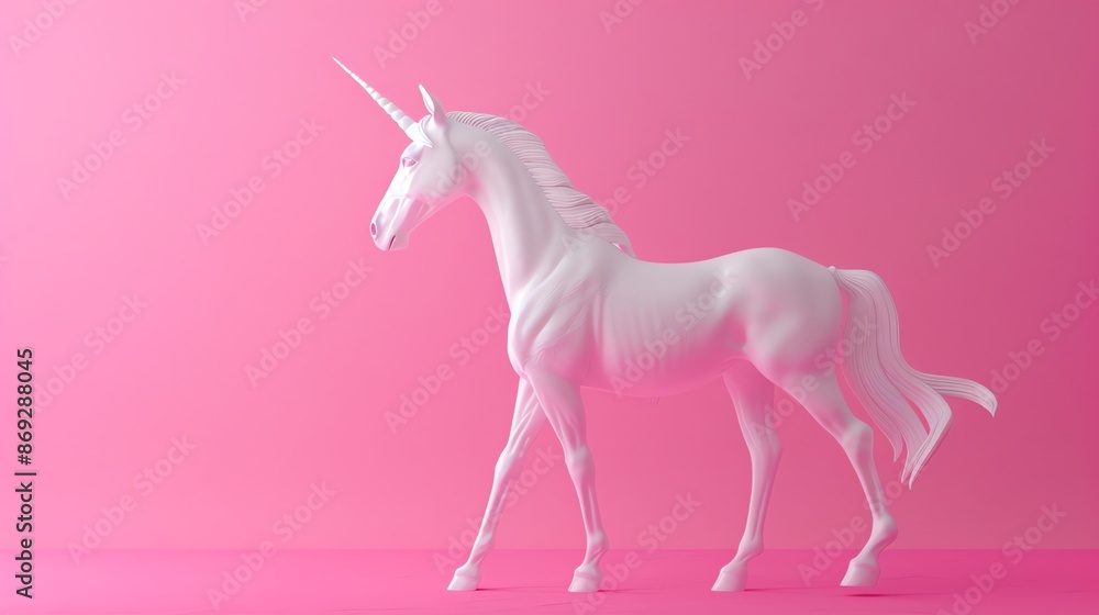 A white unicorn with a pink horn and mane, standing in a pink and white studio setting. A white unicorn with a pink horn and mane, standing in a pink and white studio setting.