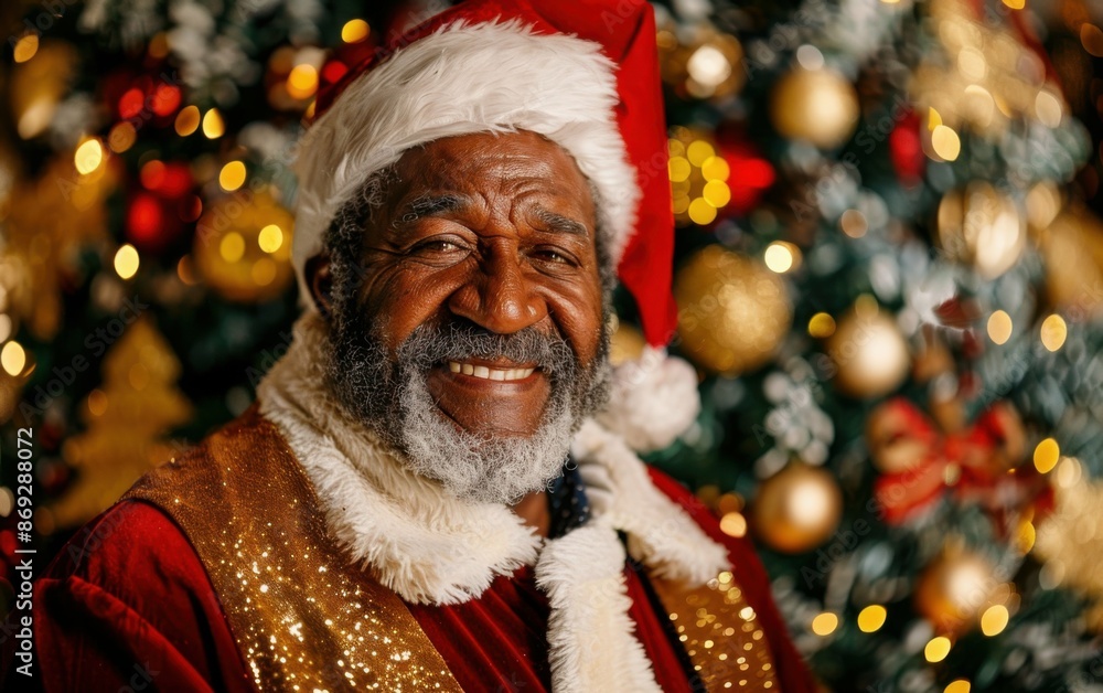 A smiling Black father dressed as Santa Claus poses for a Christmas portrait A smiling Black father dressed as Santa Claus poses for a Christmas portrait