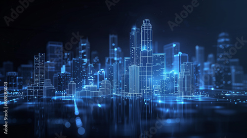 Blue glowing line drawing of the Cities at night, technology and digital elements in a dark blue background
