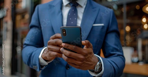 Businessman holding smartphone for business work. Handsome businessman checking emails on the phone.