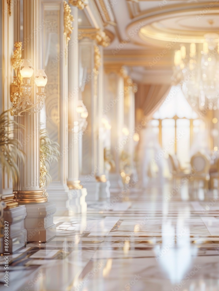 Fototapeta premium Modern luxurious palace interior with no people, lightly blurred, advertising, background, wallpaper, space for text