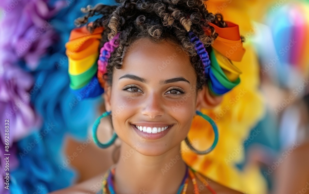 Obraz premium A candid portrait of a happy young woman wearing a bright rainbow headband, captured at a festive event