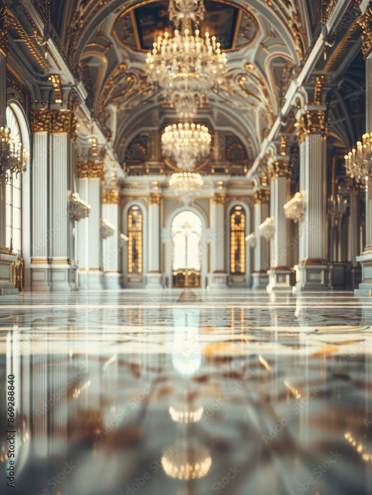 Fototapeta premium Modern luxurious palace interior with no people, lightly blurred, advertising, background, wallpaper, space for text