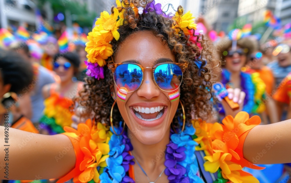 A close-up portrait of a young woman wearing a colorful flower crown and sunglasses, smiling brightly at the camera A close-up portrait of a young woman wearing a colorful flower crown and sunglasses, smiling brightly at the camera