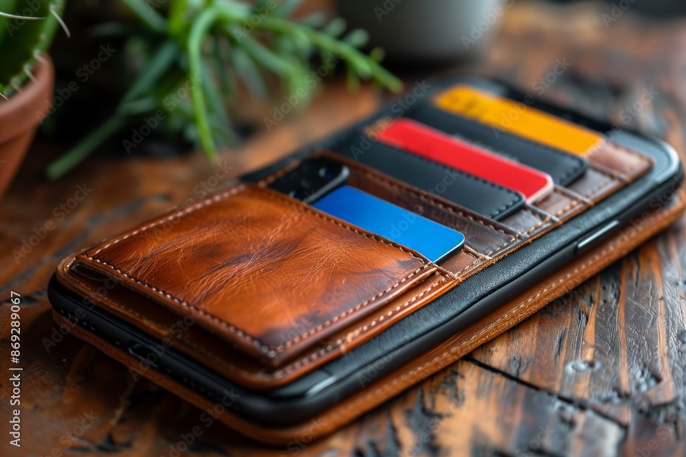 Brown Leather Phone Wallet With Credit Cards on Wooden Table Brown Leather Phone Wallet With Credit Cards on Wooden Table