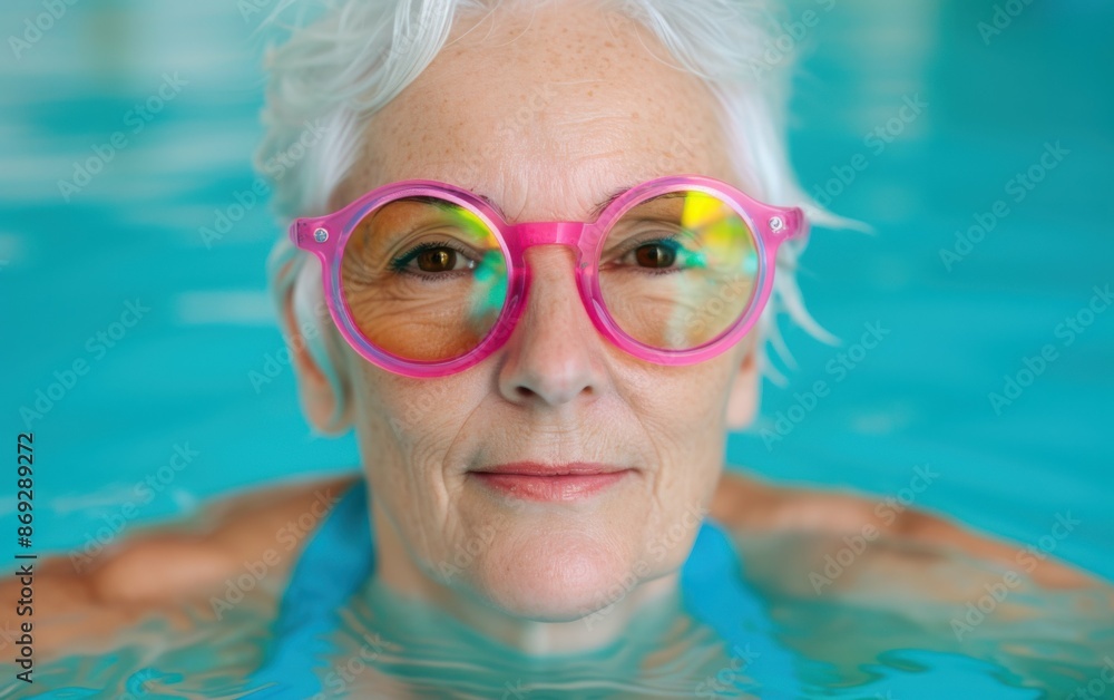 Naklejka premium A senior woman with white hair and pink sunglasses smiles while participating in aqua aerobics in a swimming pool