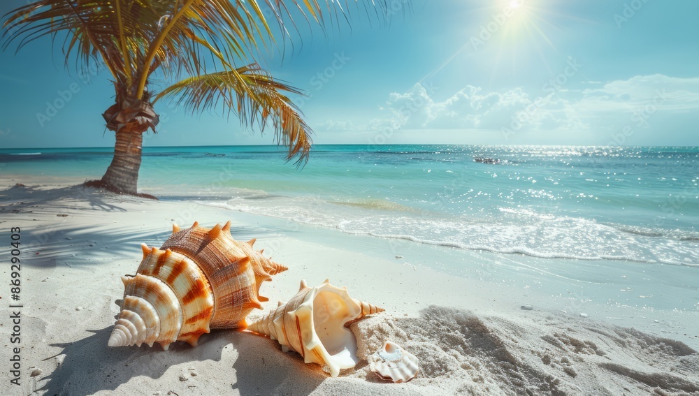 A beautiful beach with clear blue water, white sand and some seashells on the shore. A beautiful beach with clear blue water, white sand and some seashells on the shore.
