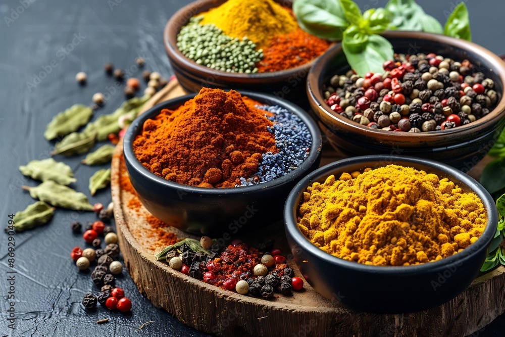 Spices in Bowls Black Peppercorns, Chili Powder, and Turmeric