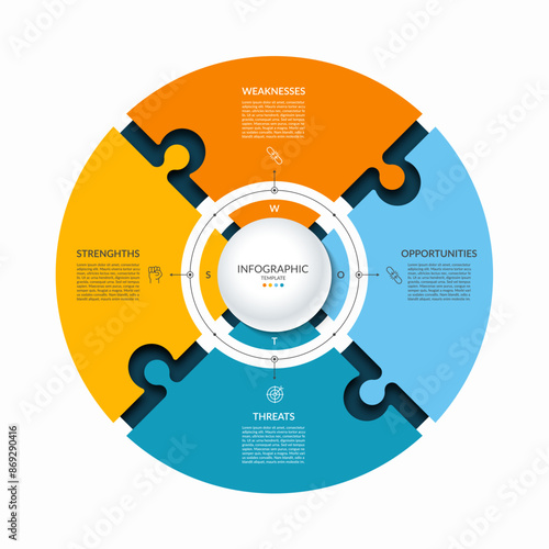 Infographic puzzle template with 4 steps, parts. Cycle diagram or chart with SWOT options. Can be used for business presentation, brochure, web design, data visualization.