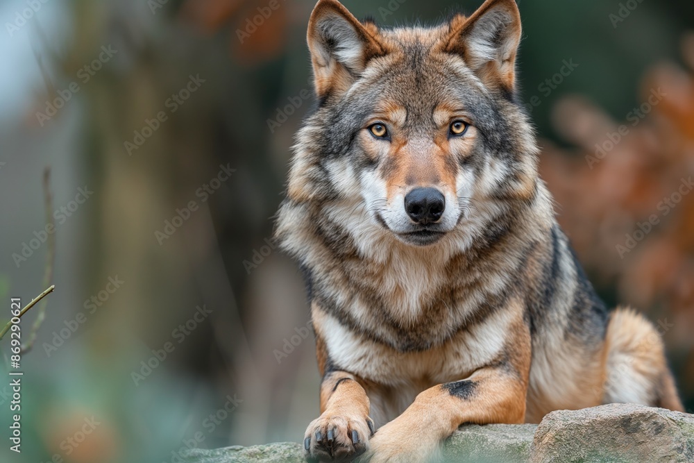 A majestic wolf gazes intently forward, poised atop a rock formation with a soft-focused autumnal background A majestic wolf gazes intently forward, poised atop a rock formation with a soft-focused autumnal background