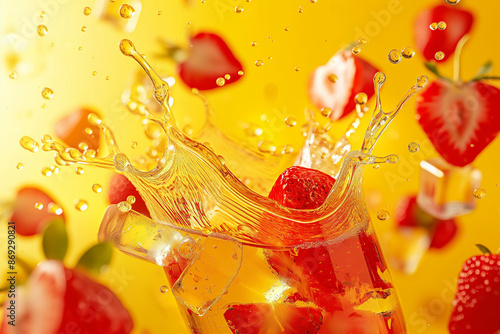 A dynamic advertising shot featuring strawberry juice drink, where ice cubes and strawberry slices collide around the product against a vibrant yellow background