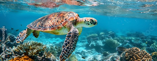 Coral Symphony Sea turtle swimming among coral reefs Use a polarizing filter to reduce reflections and enhance colors photo