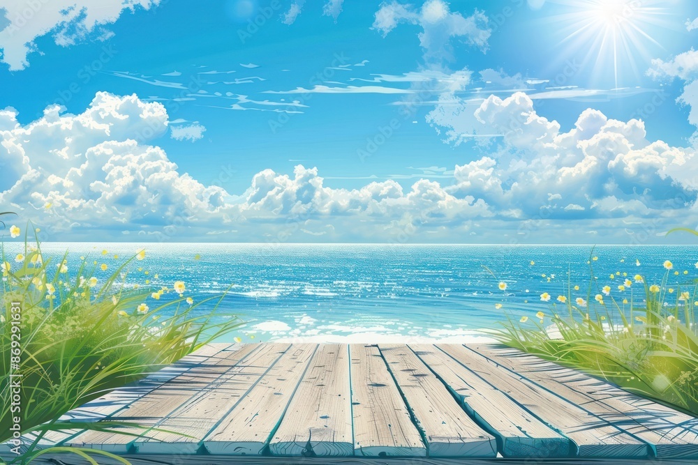Obraz premium Summer background with empty table summer sky sea.