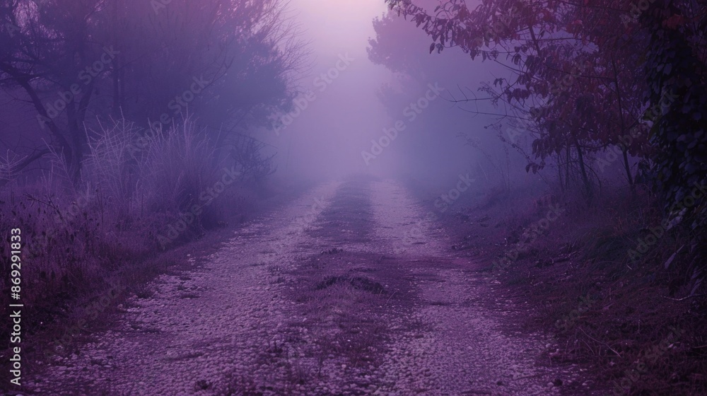 A dirt road winding through a dense foggy forest, great for use in outdoor adventure or mystery scenes A dirt road winding through a dense foggy forest, great for use in outdoor adventure or mystery scenes