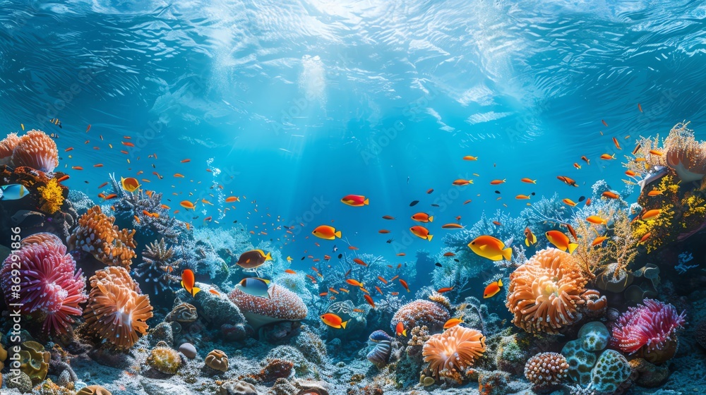 Naklejka premium Underwater Wonderland Coral reef with colorful fish swimming