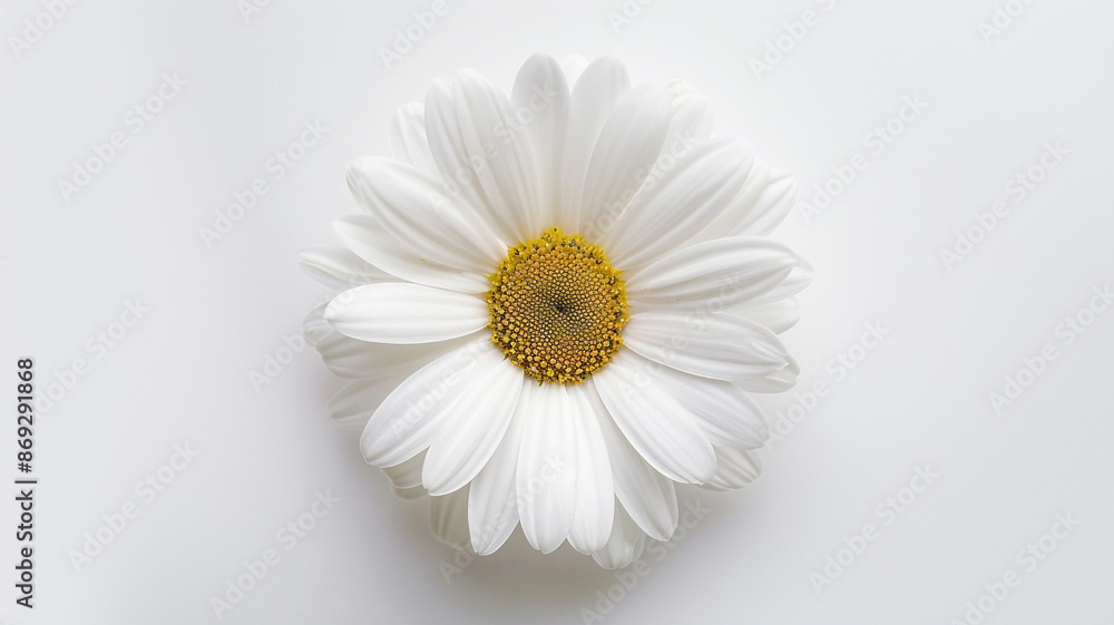 Obraz premium A white daisy, captured from above with its center clearly visible against a white background