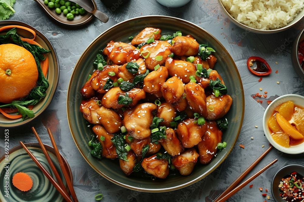 Teriyaki Chicken with Sesame Seeds, Green Onions, and Sauce in a Bowl Teriyaki Chicken with Sesame Seeds, Green Onions, and Sauce in a Bowl