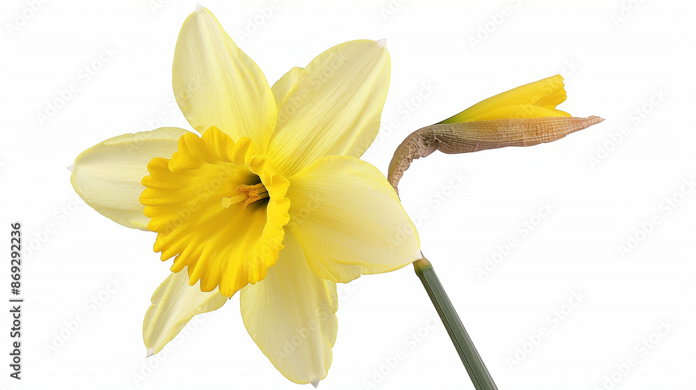A yellow daffodil, viewed from an angle that shows both petals and stem against a white background A yellow daffodil, viewed from an angle that shows both petals and stem against a white background