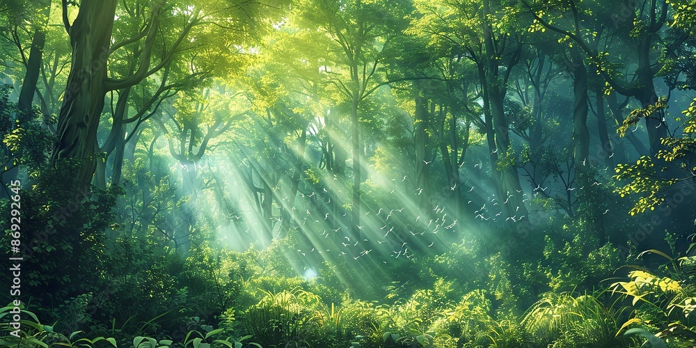 Fototapeta premium Sunlight Breaking Through Lush Forest Canopy Illuminating Nature's Serenity