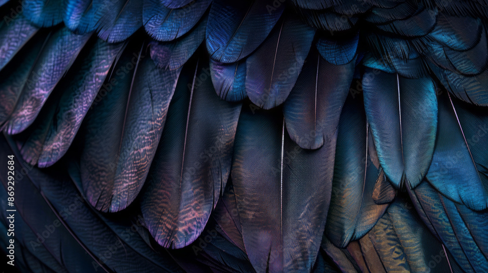 Obraz premium A closeup of raven feathers, capturing the intricate patterns and textures, with the dark background highlighting the vibrant colors of each feather.