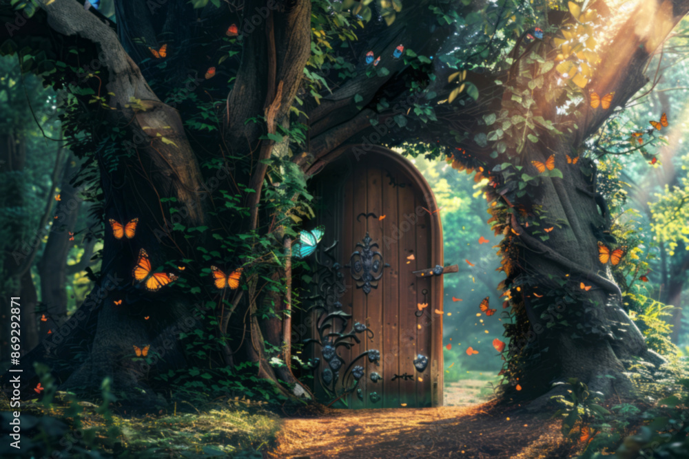 Fototapeta premium An enchanted forest with magical trees and butterflies, and an open wooden door leading to the entrance of one tree, with light filtering through leaves.