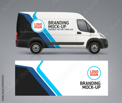 Vector Van mockup with branding and corporate identity wrap livery. Abstract graphics blue and black stripes Wrap and decal design for services van and racing car. Branding vehicle. AD banner design