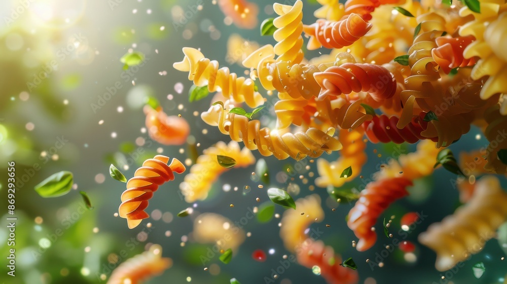 A bunch of pasta with yellow and orange strands are flying through the air A bunch of pasta with yellow and orange strands are flying through the air