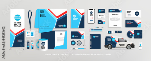 Brand Identity concept of stationery Mock-Up set with abstract graphics (set 9). Corporate style on vector stationery mockup template of Magazine cover, File folder, annual report, van, AD banner