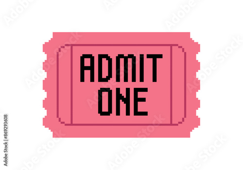 Red Pixel Ticket icon. Vector ticket in 8-bit retro game style isolated on whithe backgound