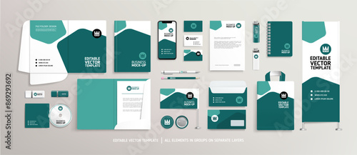 Brand Identity concept of stationery Mock-Up set with abstract graphics (set 8). Corporate style on stationery mockup template of Magazine cover, File folder, annual report, AD banner. Editable vector