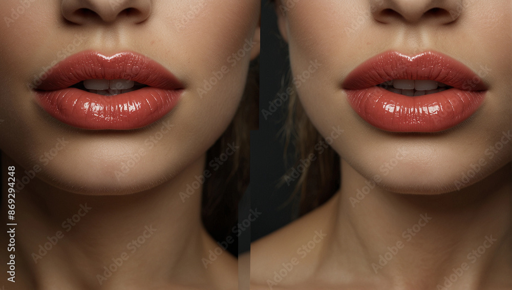 Generative Ai, salon advertisement lips after augmentation procedure, cropped female lips shape using fillers Generative Ai, salon advertisement lips after augmentation procedure, cropped female lips shape using fillers