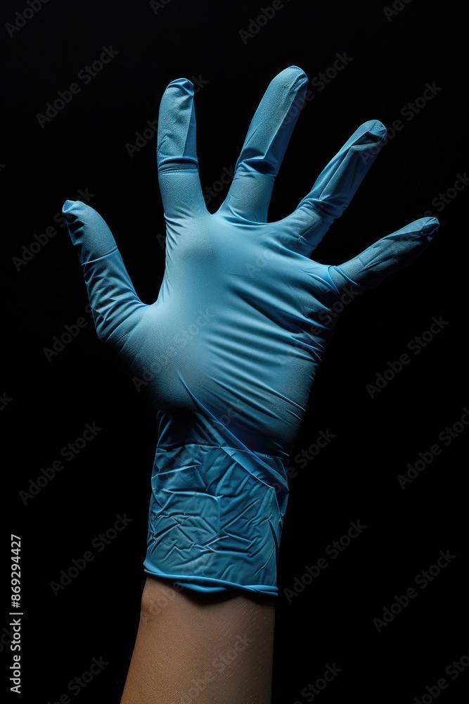 A close-up shot of a person's hand wearing a bright blue glove, ideal for use in still life or product photography