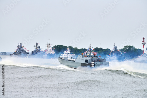 Konstfotografi Military warship sailing along Russian naval forces parade warships along coastl