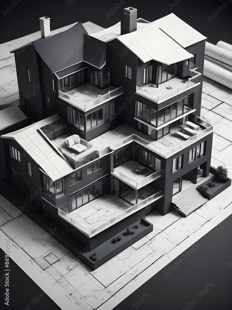 Detailed black and white architectural blueprint with a 3d model of a house design Detailed black and white architectural blueprint with a 3d model of a house design