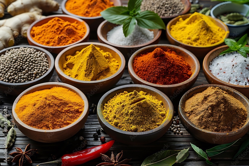 Wooden Bowls of Colorful Ground Spices Wooden Bowls of Colorful Ground Spices