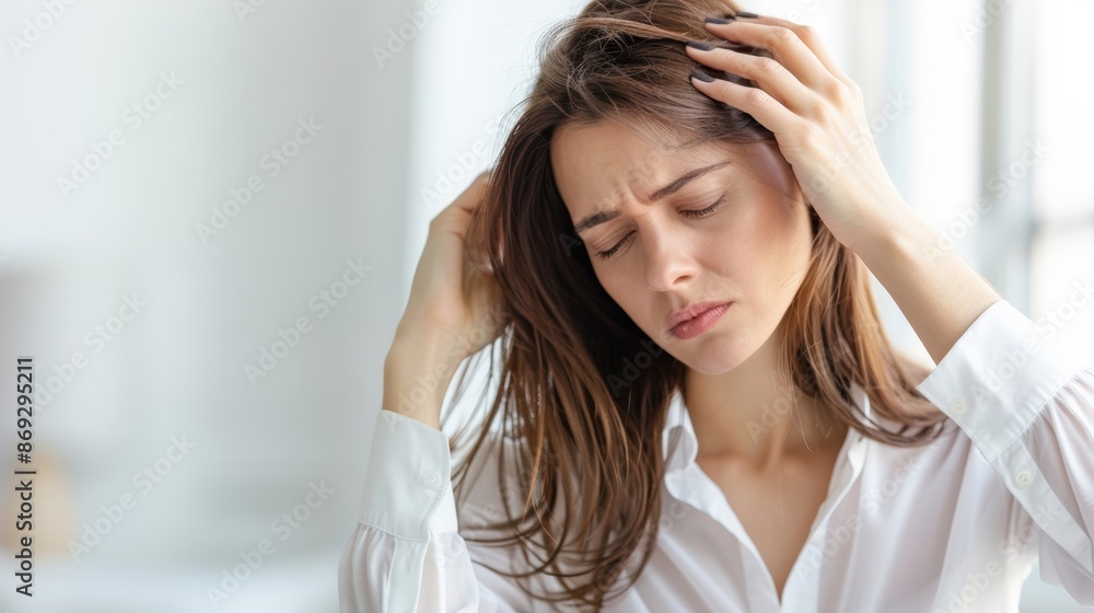 Woman with a worried expression looking at fallen hair on her shirt, everyday hair loss, concern Woman with a worried expression looking at fallen hair on her shirt, everyday hair loss, concern