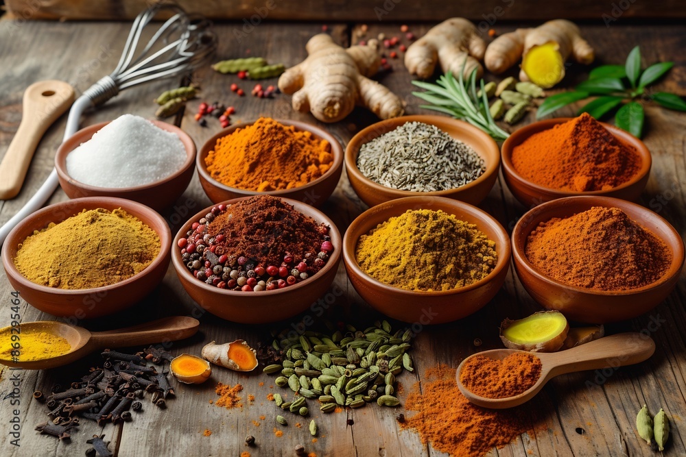 Wooden Bowls of Spices on Rustic Table Background Wooden Bowls of Spices on Rustic Table Background