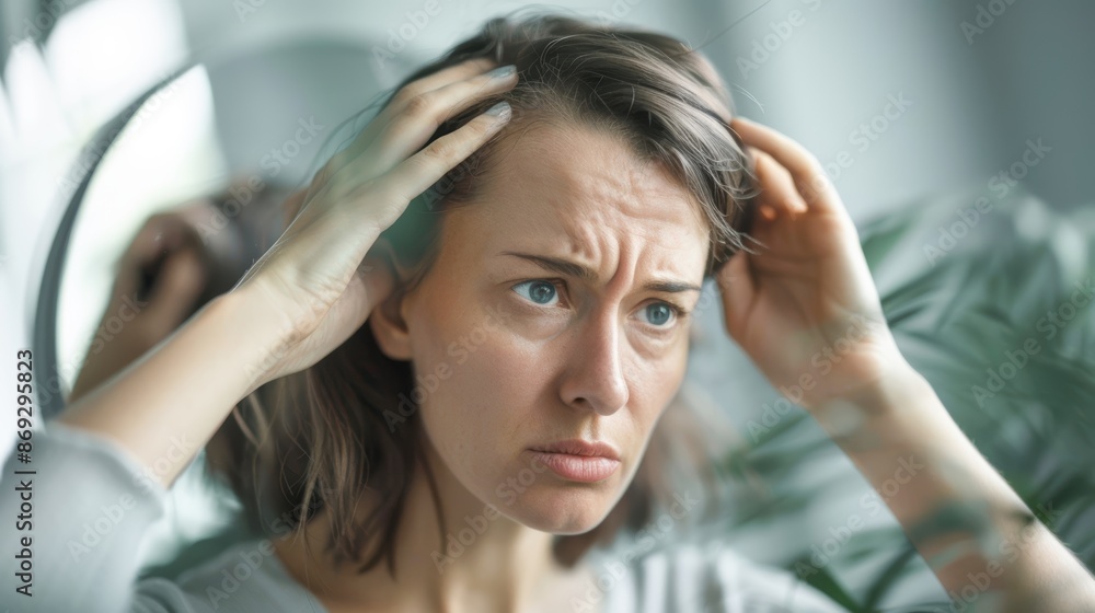 Fototapeta premium Person examining their hair in the mirror with a distressed expression, hair loss, self-awareness