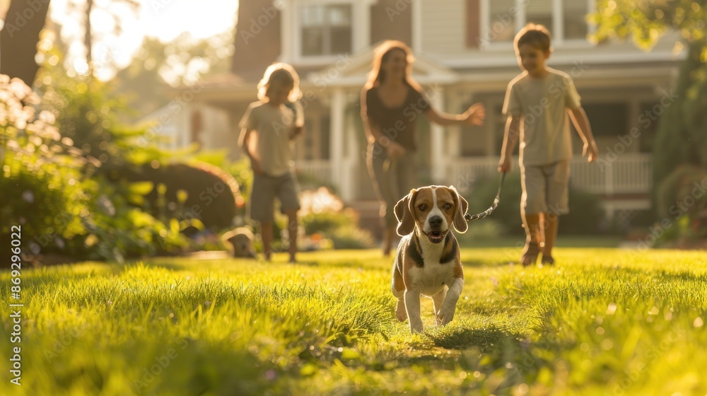 A sunny day on the front lawn sees children playing with a beagle dog while their parents watch The kids are full of laughter and excitement as the dog joins in their fun The scene captures the A sunny day on the front lawn sees children playing with a beagle dog while their parents watch The kids are full of laughter and excitement as the dog joins in their fun The scene captures the