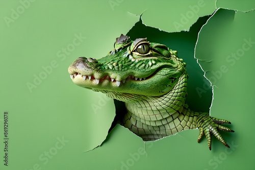 Alligator steckt seinen Kopf durch aufgerissenes Loch in grüner Papierwand, Tierfotografie, erstellt mit generativer KI photo