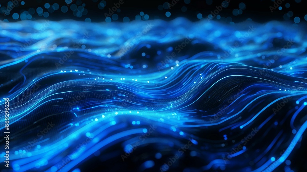 Abstract digital waves with blue lines and glowing particles on a dark background. Abstract digital waves with blue lines and glowing particles on a dark background.